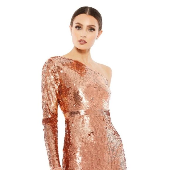 NWT Mac Duggal Orange Sequined One Sleeve Column Gown Copper 6 #7964 - Picture 3 of 9